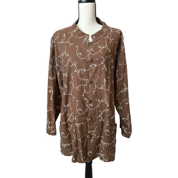 Silhouette Tops - Silhouettes Brown Linen Top Cotton Embroidered Tie Knot Front Tunic Size 3X